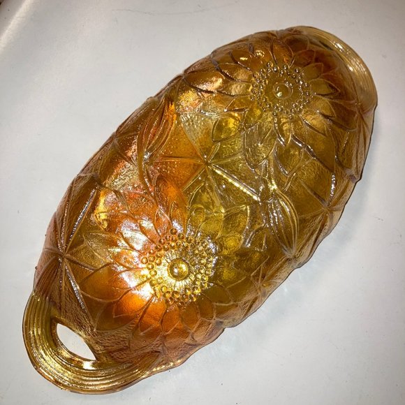 Vintage Carnival Glass Marigold/Sunflower Iridescent Oval Dish w/Handles - Picture 7 of 11